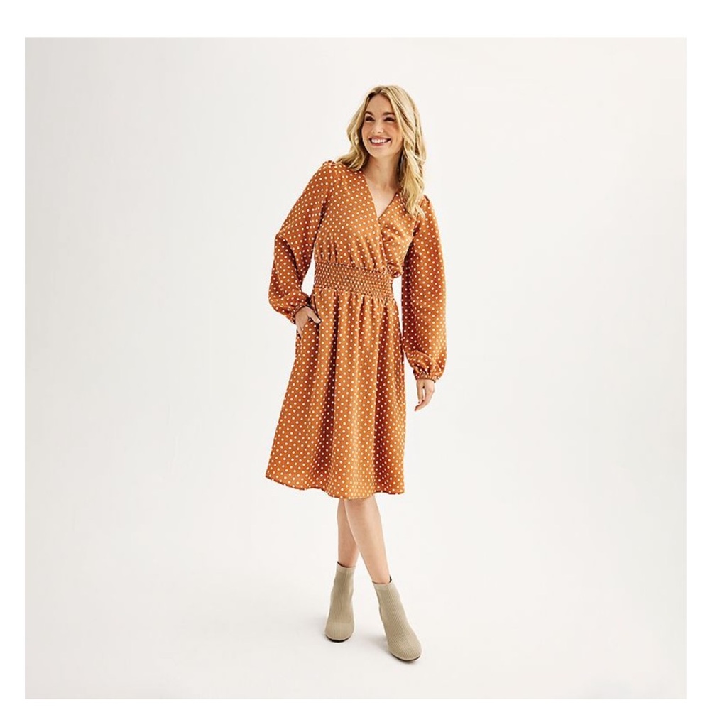 Draper James Orange Polka Dot Long Sleeve Dress
